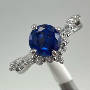 Silver Sapphire Blue Diamond White CZ Halo Ring Engagement Style Art Deco